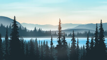 Pine Forest Landscape And Mountains. A Lake In The Deep Forest. Vector Illustration Background.