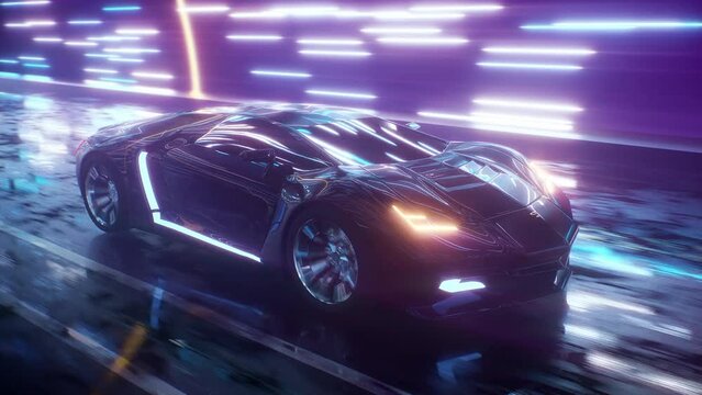 Wall Mural - Supercar racing through glowing tunnel seamless loop. Futuristic sports car high speed drive with glowing neon background. 3D animation of technology, motion and future of transport concept. 4k 60 fps