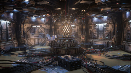 Wall Mural - dark grungy alien science fiction interior full of futuristic technology equipment. 3d illustration.