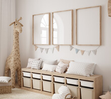 Mock Up Frame In Children Room With Natural Wooden Furniture, Farmhouse Style Interior Background, 3D Render