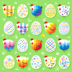 Wall Mural - Happy Easter!  Collection of colorful decorative chickens and eggs. Isolated on green background. Greeting card in cartoon style. Vector flat illustration.