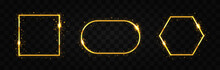 Set Of Golden Frames With Lights Effects. Isolated On Black Transparent Background. Glowing Sparkling Frames.