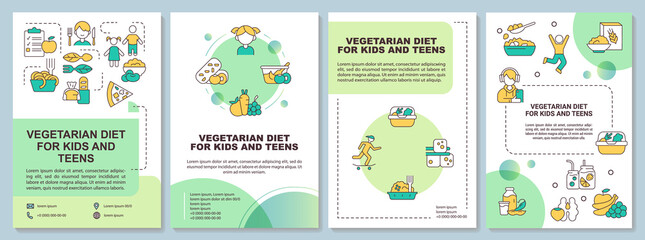 Vegetarian diet for kids and teens green brochure template. Leaflet design with linear icons. 4 vector layouts for presentation, annual reports. Arial-Black, Myriad Pro-Regular fonts used