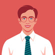 Portrait of a happy red-haired man with necktie. Avatar of a successful businessman with eyeglasses. Smiling politician. Vector flat illustration