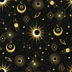 Wall Mural - Gold seamless pattern with esoteric mystical elements. Trendy background for design of fabric, package, astrology, yoga mat, phone case.