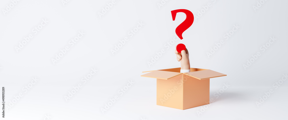 3d businessman hand holding question mark inside box, mystery box ...