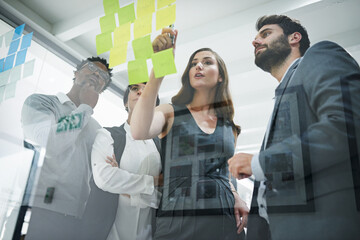 Poster - Theyre determined to developing only the best ideas. Cropped shot of colleagues brainstorming with adhesive notes on a glass wall in a modern office.