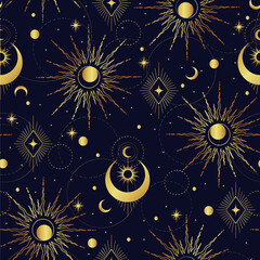 Vector gold seamless pattern with esoteric mystical elements. Trendy background for design of fabric, package, astrology, yoga mat, phone case.