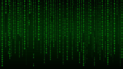 Matrix on vector background. Binary code. Green falling numbers on a dark background. Cyborg programming and hacking concept.