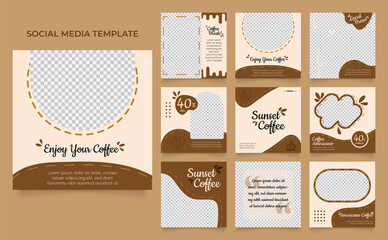 Wall Mural - social media template banner blog coffee sale promotion. fully editable instagram and facebook square post frame puzzle organic sale poster. drink and beverage vector background