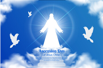 Celebration of ascension day design background vector with jesus christ and pigeon.