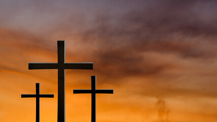 Three crosses on the mountain., Concept for Christian, Christianity, Catholic religion, divine, heavenly, celestial or god.