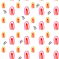Seamless rainbow minimalist pattern with pink and yellow elements. Perfect illustration for wrapping paper, notebooks or textil, fabric