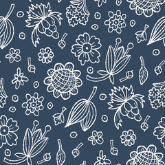 Abstract seamless pattern with leaves and flowers.