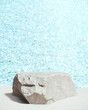 © 3DJustincase - Minimal mockup background for product presentation. Stone podium with white sand on sea water background. 3d rendering illustration. Clipping path of each element included.