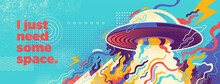 Abstract Lifestyle Graffiti Design With UFO And Colorful Splashing Shapes. Vector Illustration.