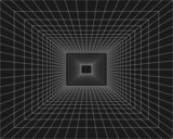 Fototapeta Perspektywa 3d - Cyber grid, retro punk perspective rectangular tunnel. Grid tunnel geometry on black background. Vector illustration