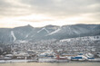 Awesome winter landscape. Top view of the Yenisey River among scenic mountains, Siberia. Krasnoyarsk