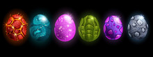 Dragon Egg Game Icon Set, UI Alien Space Rock, Vector Cartoon Magic Dino Stone Kit, Fairy Easter Collection. Purple Glitter Marble Ball, Fire Lava Glossy Dinosaur Sphere. Fantastic Dragon Egg