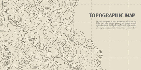 Poster - Light yellow topographic contour map background, vector illustration with black lines and mesh.