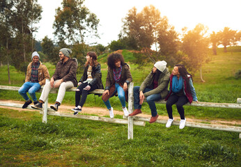 Aufkleber - Getting out of the city for the weekend. Shot of a happy group of friends sitting in a row on a fence together.