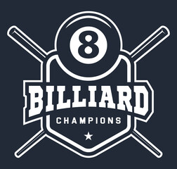 Wall Mural - Billiards logo in flat style. Billiard cue and ball with number eight, sports equipment. Sport games. Emblem, badge. Vector illustration.