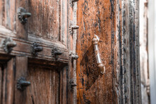 Mezuzah Is Attached To A Wooden Antique Door. Jewish Religious Symbols (1291)