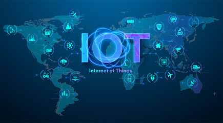 Fototapete - Smart city and IoT concept.  Internet of Things devices and connectivity concepts on a network. Spider web of network connections with on a futuristic blue background. Connect wireless devices. Vector