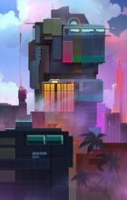 Drawn Bright Stylized Fantastic City Of The Future. Flat Skyscrapers With Palm Trees.