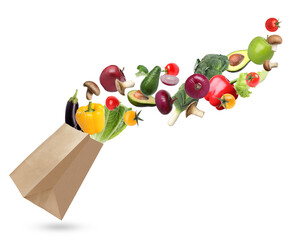 Poster - Kraft paper bag with different fruits and vegetables on white background