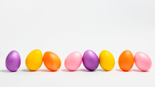 Colored Easter Eggs Isolated On White Background. Background, Layout, Top View, Template.