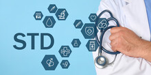 STD Prevention. Closeup View Of Doctor With Stethoscope, Abbreviation And Different Icons On Light Blue Background, Banner Design