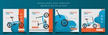 Set Of Social Media Post Template In Green Orange And White Background For World Bicycle Day