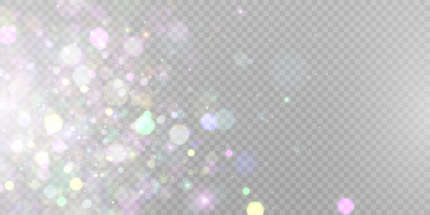 Leinwandbilder - Sparkling glare light effects with colorful shimmer. Beautiful lens flare effect with bokeh, glittery particles and rays. Shining abstract background. Vector illustration