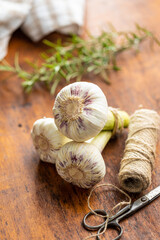 Poster - Whole garlic bulb. Fresh white garlic on wooden table.