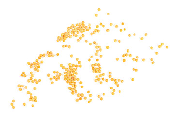 Wall Mural - Top view of yellow mustard seeds isolated on a white background. Dried mustard seeds.