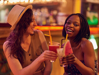 Poster - Lets get the good times rolling. Cropped shot of two young friends having drinks together in a bar.