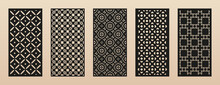Laser Cut Patterns. Vector Set With Floral Geometric Ornament, Abstract Grid, Mesh. Traditional Oriental Style Design. Template For Cnc Cutting, Decorative Panels Of Wood, Metal. Aspect Ratio 1:2