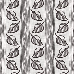 French grey botanical leaf linen seamless pattern with 2 tone country cottage style motif. Simple vintage rustic fabric textile effect. Primitive modern shabby chic kitchen cloth design.