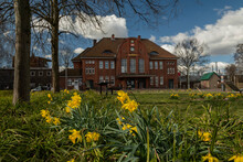 The Ancient Building Of The Railway Station In The Spring In The City Of Langenhagen. Hanover. Germany