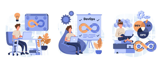 DevOps concept isolated person situations. Collection of scenes with programmers working on software development, operations process, technical support. Vector illustration in flat design