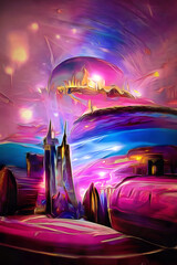 A 3d digital rendering of an alien city in space with pink, blue, purple and yellow.