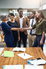 Poster - Well done on your presentation in the meeting. Cropped shot of businesspeople shaking hands during an office meeting.