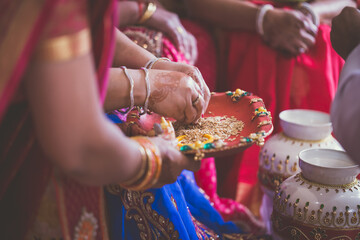 Indian Hindu wedding ceremony pooja ritual items close up