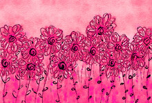 Pink Field Of Flowers Illustration, Handpainted Floral Image
