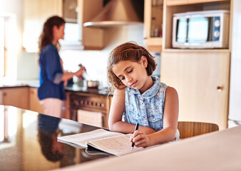 Poster - Writing down all of Moms secret recipes. Cropped shot of a young girl writing in a book while her mom cooks in the background.