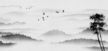 Chinese Style Ink Landscape Black And White Landscape Illustration