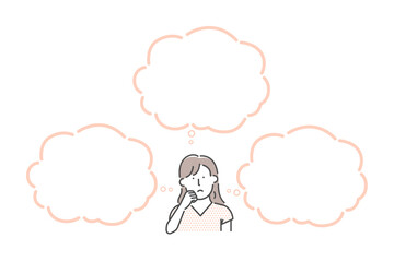 Wall Mural - Vector illustration of a thinking woman with speech bubbles..