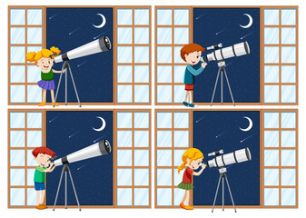 Poster - Set of different kids observe night sky with telescope