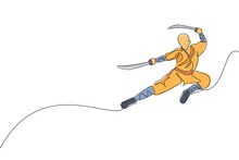 Single Continuous Line Drawing Of Young Muscular Shaolin Monk Man Holding Sword And Train Jumping Kick At Temple. Traditional Chinese Kung Fu Fight Concept. One Line Draw Design Vector Illustration